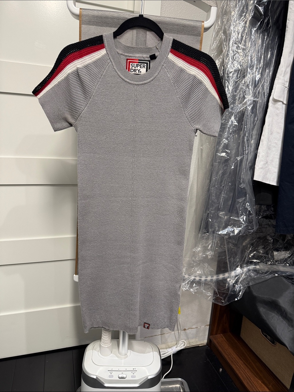 Superdry Grey Knit Dress with Black, Red and White Shoulder Stripes